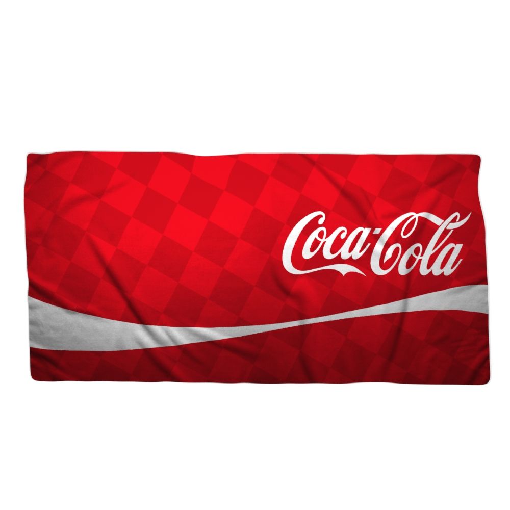 Coca-Cola branded beach towel in vibrant red and white design.