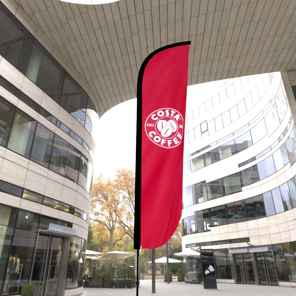 Costa Coffee crest flag in modern urban setting
