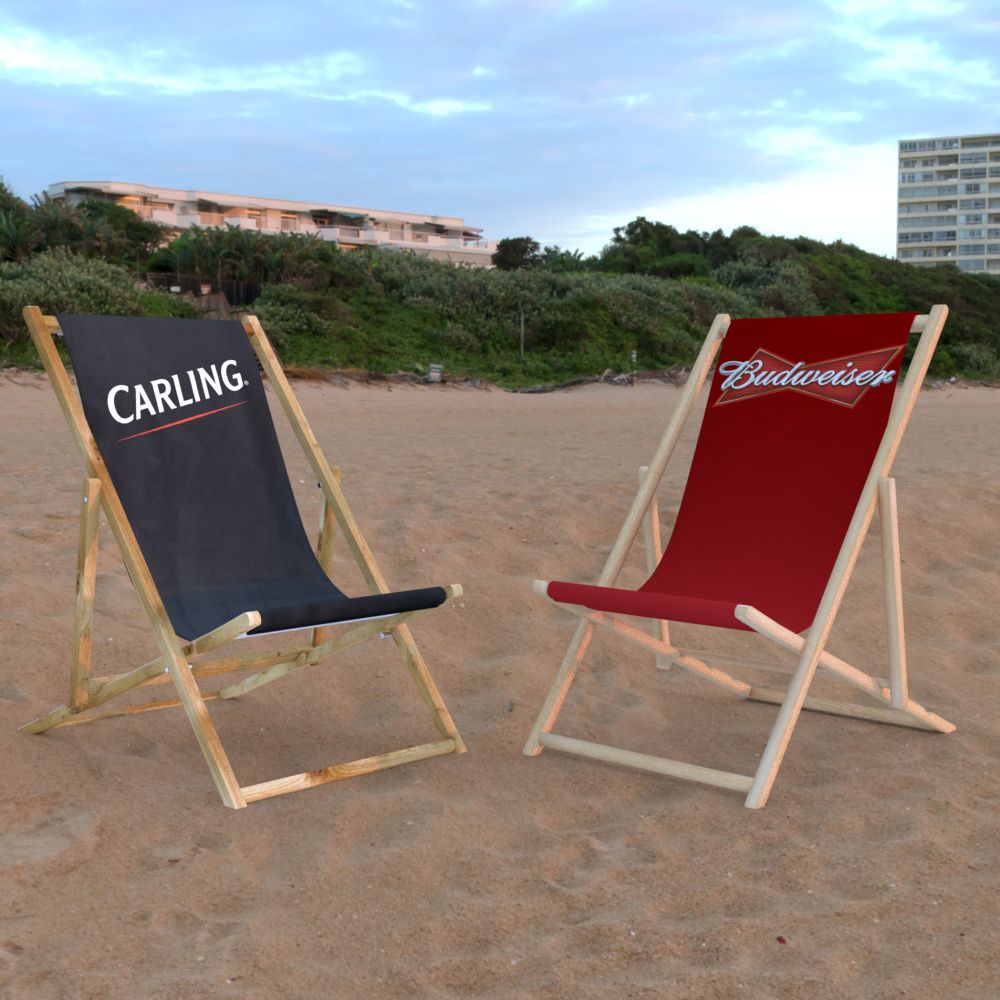 Beach scene with Budweiser and Carling deckchairs